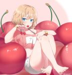  1girl absurdres bangs barefoot belt blonde_hair blue_eyes bracelet cherry curcumin elbow_rest eyebrows_visible_through_hair feet food food_in_mouth fruit highres holding holding_food holding_fruit jewelry leg_hug looking_at_viewer midriff_peek mouth_hold off-shoulder_shirt off_shoulder original oversized_object pink_belt pink_shirt shirt short_shorts short_sleeves shorts sitting solo twitter_username white_shorts 
