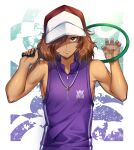  1boy bangs bare_arms bare_shoulders baseball_cap brown_eyes brown_hair character_request closed_mouth commentary_request dark_skin dark_skinned_male hair_over_one_eye hands_up hat holding jewelry koyoka looking_at_viewer male_focus medium_hair necklace purple_shirt racket red_headwear ring ring_necklace shirt sleeveless sleeveless_shirt smile solo tennis_no_ouji-sama tennis_racket upper_body white_headwear 