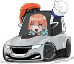  absurdres chef_hat chibi driving hat highres hololive hololive_english looking_to_the_side n13 open_mouth orange_hair saab saab_phoenix solo takanashi_kiara vehicle_focus violet_eyes virtual_youtuber 
