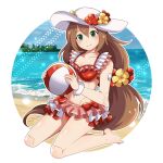  1girl android ball beachball bikini blush flower frilled_bikini frills green_eyes hair_between_eyes hair_flower hair_ornament hat hat_flower highres himurororo holding holding_ball iris_(rockman_x) kneeling long_hair low-tied_long_hair ocean red_bikini rockman rockman_x rockman_x_dive smile summer sun_hat swimsuit very_long_hair 