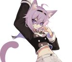  1girl absurdres animal_ears cat_ears cat_tail ghost_(tama) hand_up highres hololive leaning_back looking_to_the_side navel nekomata_okayu parted_lips purple_hair sailor_collar solo tail violet_eyes virtual_youtuber white_background 