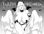 3girls bangs bare_shoulders bat black_nails breasts demon_horns eyebrows_visible_through_hair fang ghost_costume ghost_pose greyscale hair_between_eyes happy_halloween highres horns kurokawa_otogi large_breasts long_hair mole mole_on_breast monochrome multiple_girls nail_polish navel open_mouth original pubic_tattoo standing tattoo thighs wings wrist_cuffs 