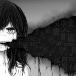  1girl avogado6 crying crying_with_eyes_open freckles greyscale long_hair monochrome open_mouth original simple_background solo tears teeth 