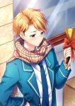  1boy bangs bell blazer blonde_hair blue_eyes blush bow brown_scarf day ear_piercing ensemble_stars! from_side green_jacket hand_on_hip highres holding holding_bell jacket koyoka long_sleeves looking_down male_focus narukami_arashi necktie open_clothes open_jacket outdoors piercing plaid plaid_scarf red_bow scarf shirt short_hair solo upper_body white_shirt 