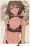  1girl black_bra bra breasts brown_eyes brown_hair bruise bruise_on_face choker floral_print flower freng injury korean_commentary lips original parted_lips ribbon_choker short_hair simple_background small_breasts solo syringe underwear upper_body 