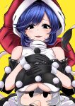  2girls bangs bare_shoulders black_eyes black_gloves black_sleeves blue_eyes blue_hair blush braid breast_rest breasts chibi commentary_request covering_mouth detached_sleeves doremy_sweet dress ear_piercing eyebrows_visible_through_hair face feathered_wings french_braid fur-trimmed_gloves fur_trim gloves grey_wings hair_between_eyes hand_over_own_mouth hands_on_own_breasts hat highres kishin_sagume large_breasts looking_at_viewer multicolored multicolored_clothes multicolored_dress multiple_girls nightcap open_mouth piercing pom_pom_(clothes) red_headwear rihito_(usazukin) short_hair short_sleeves simple_background single_wing sleeveless sleeveless_dress solo_focus standing tail tapir_tail touhou under_boob upper_body white_dress white_hair wide_sleeves wings yellow_background 
