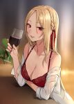  1girl alcohol arm_under_breasts bangs bare_shoulders blonde_hair blurry blush bra braid breasts canape_(canape0130) collarbone cup depth_of_field drinking_glass eyebrows_visible_through_hair fingernails hair_ribbon hand_up highres holding holding_cup indoors leaning lingerie long_hair looking_at_viewer medium_breasts mole mole_under_eye off_shoulder open_clothes open_shirt original parted_bangs parted_lips red_bra red_eyes red_nails ribbon sleeves_folded_up solo table underwear wine wine_glass 