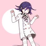  1202_koge 1boy ^_^ buttons checkered checkered_scarf closed_eyes colored_tips commentary_request dangan_ronpa eyebrows_visible_through_hair grin hair_between_eyes jacket long_sleeves male_focus new_dangan_ronpa_v3 ouma_kokichi pants pink_background purple_hair scarf shiny shiny_hair simple_background sleeves_past_wrists smile solo white_jacket white_pants 