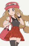  1girl black_legwear bracelet closed_mouth commentary_request eyelashes floating_hair gonzarez grey_eyes hair_tie hat highres jewelry light_brown_hair long_hair looking_to_the_side pink_bag pink_headwear pleated_skirt pokemon pokemon_(game) pokemon_xy red_skirt serena_(pokemon) shirt skirt sleeveless sleeveless_shirt smile solo thigh-highs tied_hair 