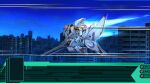  charging_forward chibi clenched_hand fake_screenshot gun highres holding holding_gun holding_weapon lamian_(pixiv415608) mecha no_humans orange_eyes original solo srw_battle_screen super_robot_wars weapon 