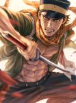  1boy abs absurdres blood blue_pants clenched_teeth commentary_request facial_scar golden_kamuy green_shirt hat highres holding holding_sword holding_weapon huge_filesize imperial_japanese_army japanese_clothes katana looking_at_viewer military_hat mouth_scar mprichin nose_scar open_clothes open_shirt pants pectorals scar scarf shirt short_hair sugimoto_saichi sword teeth weapon white_background yellow_eyes yellow_scarf 