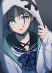  1girl adjusting_clothes asakura_tooru bangs black_hair black_nails black_neckwear blue_eyes blue_hair choker collarbone earrings eyebrows_visible_through_hair gradient_hair grey_background hood hoodie idolmaster idolmaster_shiny_colors jewelry looking_at_viewer multicolored_hair nail_polish necklace open_clothes open_hoodie open_mouth parted_bangs piercing school_uniform serafuku shirt short_hair simple_background smile solo streaked_hair tobade_(tbdfactory) white_shirt 