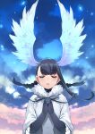  1girl bangs bird_girl bird_wings black-headed_ibis_(kemono_friends) black_gloves black_hair black_neckwear bow bowtie braid closed_eyes commentary_request elbow_gloves eyebrows_visible_through_hair frilled_sleeves frills fur_collar gloves hands_clasped happa_(cloverppd) head_wings kemono_friends neck_ribbon own_hands_together ribbon shirt short_hair short_sleeves solo twin_braids white_fur white_shirt wings 