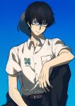  2boys back-to-back black_hair black_pants blue-framed_eyewear blue_background blue_eyes buttons closed_mouth collared_shirt commentary_request dress_shirt frown glasses hair_between_eyes highres looking_down looking_to_the_side male_focus multiple_boys nine_(zankyou_no_terror) pants rectangular_eyewear sayshownen school_uniform shirt shirt_tucked_in short_hair simple_background sitting twelve_(zankyou_no_terror) twitter_username watermark white_shirt zankyou_no_terror 