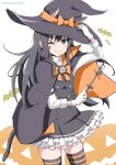  1girl ;) animal_ears asashio_(kantai_collection) bat black_cape black_hair black_headwear blue_eyes cape cat_ears cat_tail commentary_request contrapposto cowboy_shot dress frilled_dress frills gloves halloween_costume hat highres jack-o&#039;-lantern kantai_collection long_hair long_sleeves one_eye_closed panikuru_yuuto pinafore_dress remodel_(kantai_collection) school_uniform searchlight shirt smile solo standing striped striped_legwear tail thigh-highs twitter_username wand white_gloves white_shirt witch_hat 