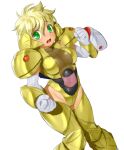  1girl armor blonde_hair blush character_request covered_navel d: dot_nose dutch_angle elbow_gloves gloves green_eyes grey_gloves gundam hand_up highleg highleg_leotard leotard looking_at_viewer onsoku_inu open_mouth pauldrons personification short_hair shoulder_armor simple_background solo thigh-highs turn_a_gundam upper_teeth white_background yellow_legwear 
