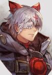  1boy animal_ear_fluff animal_ears ano_otoko bangs belt closed_mouth eyepatch guilty_gear hair_ornament hankuri high_collar hood hood_down hooded_jacket hankuri jacket shirt short_hair silver_hair simple_background solo upper_body violet_eyes white_jacket 