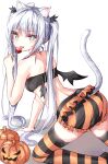  1girl ahoge all_fours animal_ears ass bandeau bangs bare_arms bare_shoulders bat_wings beliatan black_bandeau black_legwear black_shorts blue_eyes blush breasts candy cat_ears cat_girl cat_tail choker commentary eyebrows_visible_through_hair fake_wings fang food frills hair_ornament halloween hand_up highres holding holding_candy holding_food holding_lollipop jack-o&#039;-lantern lollipop long_hair looking_at_viewer mole mole_under_eye orange_choker orange_legwear orange_shorts original pumpkin shorts sidelocks silver_hair simple_background small_breasts solo striped striped_legwear striped_shorts tail thigh-highs tongue tongue_out twintails very_long_hair white_background wings 