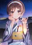  1girl blush brown_eyes brown_hair eyebrows_visible_through_hair fan hairband highres holding holding_fan japanese_clothes kantai_collection kimono long_sleeves natori_(kantai_collection) night night_sky obi paper_fan sash short_hair sky smile solo star_(sky) starry_sky uchiwa white_hairband white_kimono wide_sleeves yukata yunamaro 