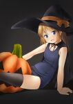  1girl :d bangs bare_arms bare_shoulders black_cape black_headwear black_legwear blonde_hair blue_eyes blue_swimsuit bow cape commentary_request eyebrows_visible_through_hair halloween hat hat_bow highres jack-o&#039;-lantern long_hair looking_at_viewer old_school_swimsuit one-piece_swimsuit open_mouth orange_bow original school_swimsuit shibacha smile solo swimsuit thigh-highs thighs witch_hat 