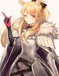  1girl ;) animal_ear_fluff animal_ears arknights armor bangs black_ribbon blemishine_(arknights) blonde_hair breastplate commentary eyebrows_visible_through_hair fur_trim gloves grey_background hair_ribbon hand_up index_finger_raised long_hair looking_at_viewer one_eye_closed pauldrons ribbon shoulder_armor simple_background smile solo takaaaa upper_body yellow_eyes 