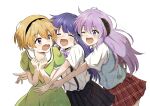  3girls arms_up bangs black_hairband black_skirt blonde_hair blue_hair blue_vest blush bow bowtie clenched_hands closed_eyes commentary cowboy_shot dress eyebrows_visible_through_hair furude_rika glomp green_dress hairband hanyuu highres higurashi_no_naku_koro_ni horns houjou_satoko hug hug_from_behind long_hair multiple_girls necktie one_eye_closed open_mouth plaid plaid_skirt purple_hair purple_neckwear red_eyes sailor_collar shirt short_hair shosudo sidelocks simple_background skirt surprised suspenders sweatdrop upper_teeth vest violet_eyes white_background white_sailor_collar white_shirt yellow_neckwear 