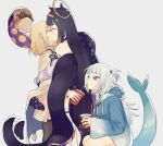  3girls black_hair blonde_hair blue_eyes closed_eyes commission drink drinking drinking_straw_in_mouth english_commentary fish_tail gawr_gura grey_background halo holding holding_drink hololive hololive_english hood hoodie hug kiss long_hair medium_hair multiple_girls ninomae_ina&#039;nis parody shark_tail shion_(hachuumemhoe) squatting tail tentacles two_side_up virtual_youtuber watson_amelia white_hair yuri 