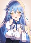  1girl blue_hair breasts elf fangs flower hair_flower hair_ornament highres hololive large_breasts light_blush long_hair looking_at_viewer open_mouth pointy_ears solo sosuke_(yrmon) virtual_youtuber yellow_eyes yukihana_lamy 