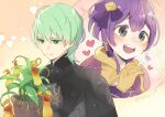  1boy 1girl armor bernadetta_von_varley byleth_(fire_emblem) byleth_eisner_(male) closed_mouth earrings fire_emblem fire_emblem:_three_houses gloves green_eyes green_hair grey_eyes hair_ornament jewelry open_mouth plant potted_plant purple_hair short_hair tefutene twitter_username 