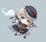  blue_eyes chibi flower gloves gothic_lolita grey_hair hat highres idolmaster idolmaster_shiny_colors light_brown_hair lolita_fashion long_sleeves necktie nekoremon ribbon rose serizawa_asahi short_twintails tongue tongue_out twintails white_gloves 