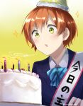  1girl birthday_cake blowing cake candle diagonal-striped_bow food gradient gradient_background hat hoshizora_rin love_live! love_live!_school_idol_project orange_hair otonokizaka_school_uniform party_hat sash school_uniform short_hair solo somechime_(sometime1209) sparkle translated twitter_username upper_body yellow_background yellow_eyes 