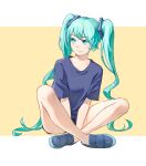  1girl aqua_hair bangs between_legs blue_eyes blue_footwear blue_shirt border closed_mouth collarbone full_body hair_ornament hand_between_legs hatsune_miku highres knip_(knipyt) letterboxed long_hair shiny shiny_hair shirt sitting smile solo t-shirt twintails very_long_hair vocaloid wariza white_border yellow_background 