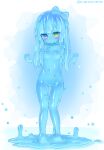  1girl absurdres barefoot blue_bow blue_hair blue_skin blush bow closed_mouth dot_mouth dot_nose eyebrows_visible_through_hair flat_chest full_body hair_bow hand_up heart heterochromia highres kixyuresu long_hair looking_at_viewer monster_girl navel nude original slime_girl solo standing twitter_username violet_eyes yellow_eyes 