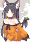  1girl :3 animal_ear_fluff animal_ears bangs bare_shoulders black_hair bow breasts brown_hair cat_ears cat_girl cat_tail closed_mouth collar collarbone commentary_request daidai_ookami dress green_bow grey_background halloween long_hair long_sleeves off-shoulder_dress off_shoulder orange_dress original parted_bangs pleated_dress purple_collar small_breasts solo standing tail tail_bow tail_raised two-tone_background very_long_hair white_background wide_sleeves yellow_eyes 