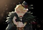  1boy black_background black_gloves black_theme blonde_hair cravat fang fate/stay_night fate_(series) flower fur_trim gilgamesh gloves halloween hat hat_flower licking male_focus mini_hat mini_top_hat red_eyes red_flower red_rose repost_notice rose tako_(beex2) top_hat upper_body white_neckwear 