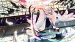  1girl azur_lane black_gloves blue_eyes fingerless_gloves gloves grey_hair highres holding holding_sword holding_weapon indoors ink ink_stain ito_lab japanese_clothes katana kimono long_hair outstretched_arm red_footwear shoukaku_(azur_lane) solo sword thigh-highs weapon white_feathers white_hair white_kimono white_legwear wide_sleeves 