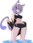  1girl :3 absurdres animal_ears breasts cat_ears cat_tail ghost_(tama) hand_on_hip highres hololive leaning_back medium_breasts midriff navel nekomata_okayu off-shoulder_sweater off_shoulder open_hand purple_hair solo standing_in_water sweater tail violet_eyes virtual_youtuber water 