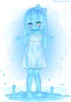  1girl absurdres barefoot blue_bow blue_hair blue_skin blush bow closed_mouth dot_mouth dot_nose dress eyebrows_visible_through_hair full_body hair_bow hand_up heart heterochromia highres kixyuresu long_hair looking_at_viewer monster_girl original slime_girl solo standing sundress twitter_username violet_eyes wet wet_clothes wet_dress white_dress yellow_eyes 