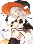  1girl :d ama_mitsuki ass bat bikini black_bikini black_hair black_legwear breasts demon_tail demon_wings earrings garter_belt garter_straps grey_eyes grey_hair halloween highres horns jack-o&#039;-lantern jewelry long_hair looking_at_viewer open_mouth original simple_background smile solo swimsuit tail teeth thigh-highs white_background wings 