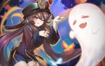  1girl :d ;q bangs bent_over black_hair black_shorts blurry bug butterfly chinese_clothes clouds cloudy_sky depth_of_field eyebrows_visible_through_hair flower genshin_impact ghost ghost_pose hair_between_eyes hat hat_flower hat_ornament hu_tao_(genshin_impact) jewelry kaizeru long_hair long_sleeves looking_at_viewer night night_sky one_eye_closed open_mouth red_eyes ring short_shorts shorts sidelocks sky smile symbol-shaped_pupils tongue tongue_out twintails wide_sleeves 