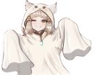  1girl animal_ears bangs blunt_bangs cat_ears cropped_torso fangs ghost_costume grin hair_ornament halloween_costume hood hood_up jack-o&#039;-lantern jack-o&#039;-lantern_hair_ornament looking_at_viewer nia_(xenoblade) one_eye_closed short_hair silver_hair simple_background smile solo usausanopopo5 very_long_sleeves white_background xenoblade_chronicles_(series) xenoblade_chronicles_2 yellow_eyes 