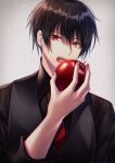  1boy apple bangs black_hair black_shirt black_vest collared_shirt commentary ear_piercing food fruit hand_up highres holding holding_food holding_fruit imminent_bite koyoka long_sleeves looking_at_viewer male_focus necktie open_mouth original piercing red_apple red_eyes red_neckwear sharp_teeth shirt short_hair slit_pupils solo teeth vest 