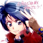  1boy asashizuku blue_eyes blue_hair brown_gloves fingerless_gloves gloves looking_at_viewer senpuuji_maito smile solo super_robot_wars super_robot_wars_v v white_background yuusha_series yuusha_tokkyuu_might_gaine 