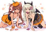  2girls all_fours bangs black_legwear blonde_hair blue_eyes breasts brown_hair candy crescent dress fake_horns fang food ghost grecale_(kantai_collection) hair_ribbon halloween halloween_costume horns jack-o&#039;-lantern kantai_collection libeccio_(kantai_collection) long_hair mouth_hold multiple_girls odawara_hakone open_mouth ribbon scrunchie simple_background single_thighhigh small_breasts star_(symbol) tail tan thigh-highs twintails white_background wings wrist_scrunchie 