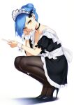  1girl apron bangs bare_shoulders black_legwear blue_hair blueorca breasts collarbone dress frills hair_bun high_heels highres holding large_breasts looking_at_viewer maid maid_headdress mole original pantyhose parted_lips puffy_short_sleeves puffy_sleeves short_hair short_sleeves simple_background solo squatting wrist_cuffs yellow_eyes 