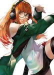  1girl bangs bare_shoulders belt black-framed_eyewear black_legwear black_shorts blazpu brown_eyes glasses green_jacket grin headphones highres jacket long_hair open_clothes open_jacket orange_hair persona persona_5 sakura_futaba shirt short_shorts shorts smile studded_belt thigh-highs white_background white_shirt 