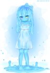  1girl absurdres barefoot blue_bow blue_hair blue_skin blush bow closed_mouth dot_mouth dot_nose dress eyebrows_visible_through_hair full_body hair_bow heterochromia highres kixyuresu long_hair monster_girl original slime_girl solo standing sundress twitter_username violet_eyes wet wet_clothes wet_dress white_dress yellow_eyes 