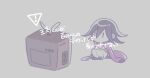  ! 1202_koge 1boy borrowed_garments chibi colored_tips commentary_request crossed_arms crt dangan_ronpa flipped_hair grey_background jacket knees_up male_focus muted_color new_dangan_ronpa_v3 off_shoulder open_clothes ouma_kokichi pants purple_jacket shiny shiny_hair shirt short_hair sign sitting solo television translation_request violet_eyes warning_sign watching_television white_pants white_shirt |_| 