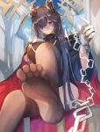  1girl absurdres august_von_parseval_(azur_lane) azur_lane black_cape breasts brown_legwear cape chain curled_horns feet gloves hair_over_one_eye hane_(feathe02) highres horns indoors large_breasts long_hair looking_at_viewer mechanical_horns pantyhose purple_hair sitting solo very_long_hair violet_eyes white_gloves 