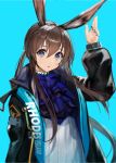  1girl absurdres amiya_(arknights) animal_ears aqua_background arknights black_coat blue_eyes blue_neckwear blurry brown_hair clothes_writing coat commentary cravat depth_of_field hair_between_eyes highres hooded_coat jewelry long_hair looking_at_viewer multiple_rings neck_ring open_clothes open_coat open_mouth rabbit_ears ribbed_sweater ring simple_background solo sweater takubon upper_body white_sweater 